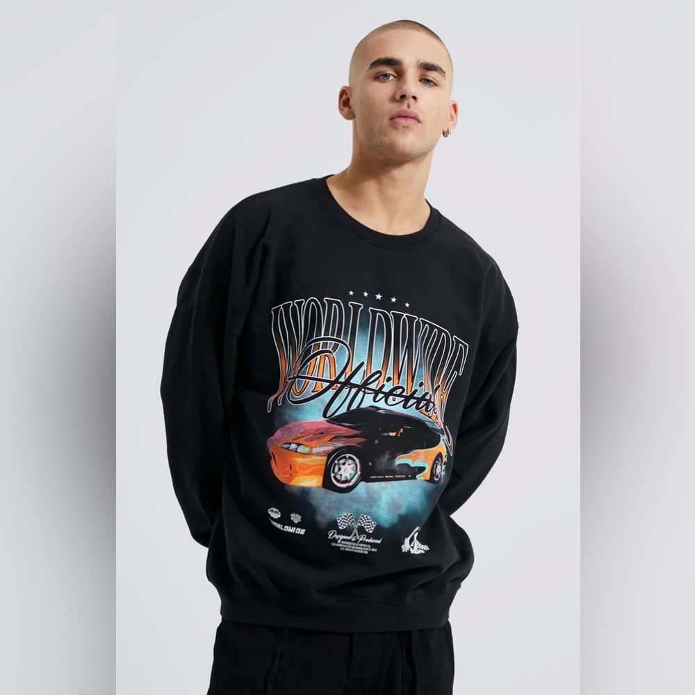 Boohoo Man Black Oversized Worldwide OFCL Car Graphic Sweatshirt NWT
